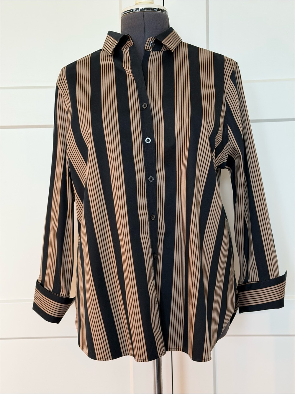 Chico's Black and Tan Vertical Stripe Button-Down Shirt